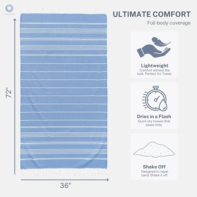 Cotton Turkish Beach Towel with Towels Oversized 36"x72" Pool Absorbent Extra Large Quick Dry Sand Travel Towel (Azure Bliss, 2 Pack)