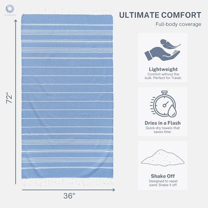 Cotton Turkish Beach Towel with Towels Oversized 36"x72" Pool Absorbent Extra Large Quick Dry Sand Travel Towel (Azure Bliss, 2 Pack)