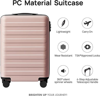 NINETYGO Carry On Luggage 22x14x9 Airline Approved, 20 Inch Luggage with Smooth Spinner Wheels, Lightweight, Hard Shell PC Suitcase Carry-On, Travel Luggage, TSA Approved (Pink, Rhine Basic)