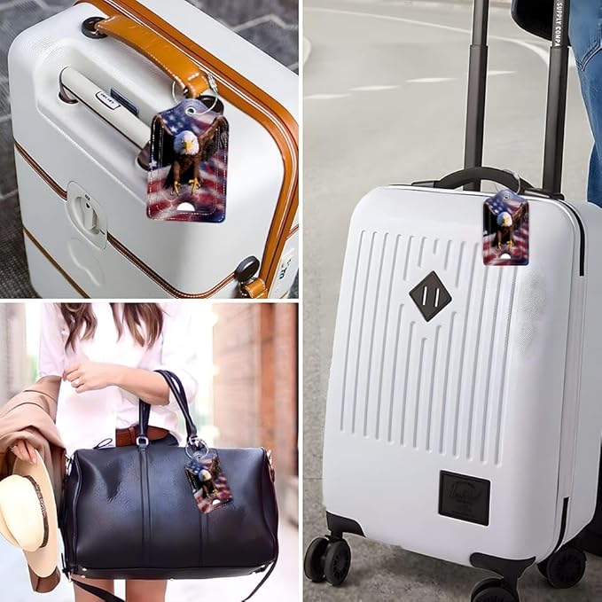 Funny PU Leather Luggage Tags 2-Pack Flying Eagle American Flag Lightning Cute Pattern Suitable for Suitcase Stainless Steel Loop and Address Card Essential for Cruise and Airport Travel