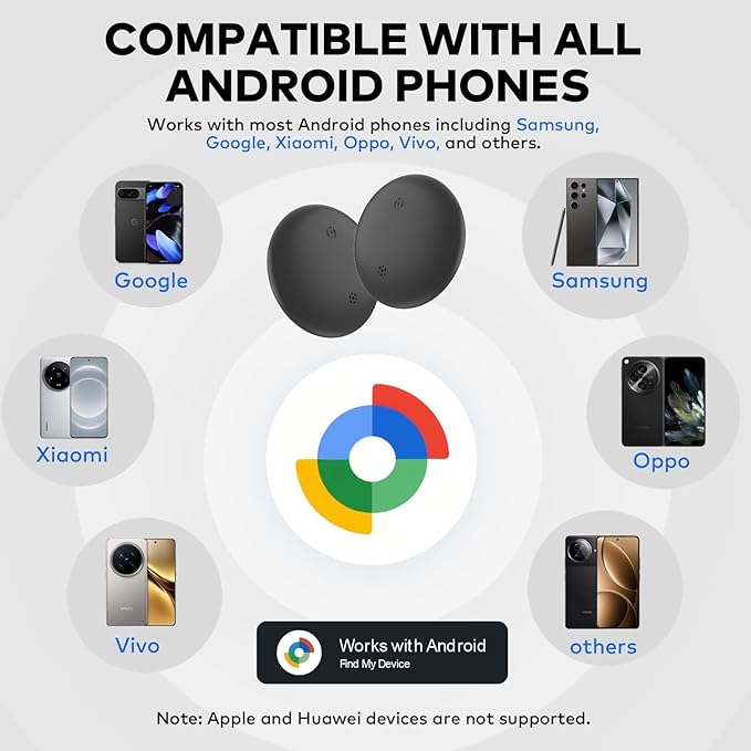 VODESON Google Find My Device Tracker 2025 - IP67 Waterproof Android Key Finder with 350ft Range, 90dB Alarm & 12-Month Battery, 4 Pack for Luggage/Wallets/Bikes (No iOS)