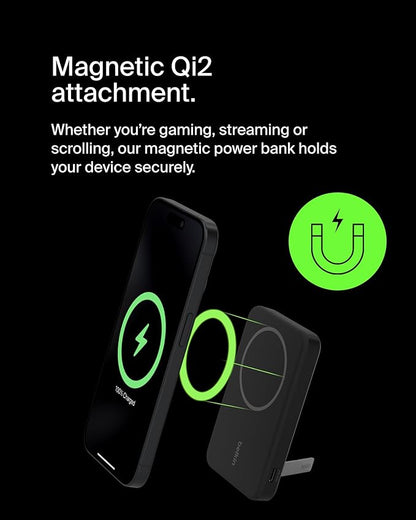 Belkin Portable Charger, Wireless Power Bank 15W 5000mAh w/ Qi2, MagSafe Charger + Built-in Pop-up Kickstand - iPhone 17, Air, Pro, Pro Max, AirPods, Apple Watch, Google Pixel 10, etc. - Black