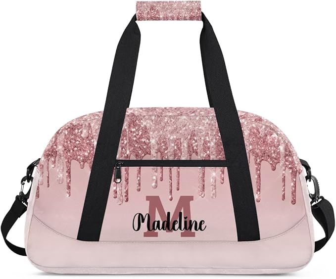 Personalized Kids Sports Duffel Bag with Name Custom Weekender Overnight Bag for Boys Girls Gym Bag Travel Dance Gymnastics Duffel Bag, Light Pink Glitter