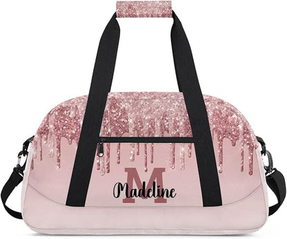 Personalized Kids Sports Duffel Bag with Name Custom Weekender Overnight Bag for Boys Girls Gym Bag Travel Dance Gymnastics Duffel Bag, Light Pink Glitter