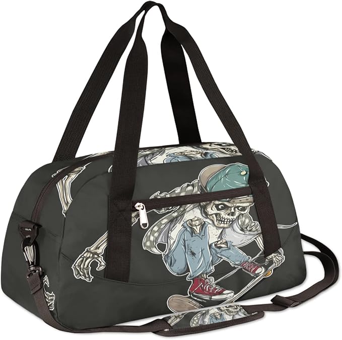 Cool Human Skeleton Skateboard Gym Duffle Bag for Kids,Sports Bag for Teens Boys & Girls Small Waterproof Overnight Weekender Carry School Practice Travel Bag