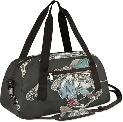 Cool Human Skeleton Skateboard Gym Duffle Bag for Kids,Sports Bag for Teens Boys & Girls Small Waterproof Overnight Weekender Carry School Practice Travel Bag