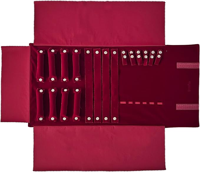 UnionPlus Velvet Jewelry Case Roll Bag for Necklace Bracelet Earrings Rings Multi-compartments, Great Jewelry Organizer for Travel, Burgundy