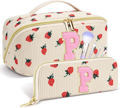 Personalized Travel Makeup Bag Set,Initial Travel Strawberry Makeup Organizer Bag,Toiletry Skincare Cosmetic Bag,Christmas Gifts for Women/Girls,Open Flat Toiletry Pouch with Brush Pocket-P