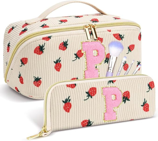 Personalized Travel Makeup Bag Set,Initial Travel Strawberry Makeup Organizer Bag,Toiletry Skincare Cosmetic Bag,Christmas Gifts for Women/Girls,Open Flat Toiletry Pouch with Brush Pocket-P