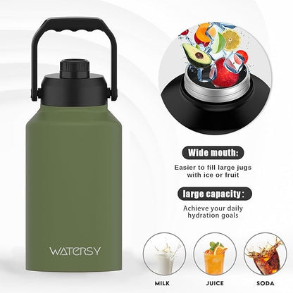 WATERSY 2/3 Gallon Water Bottle Insulated(Cold for 48 Hrs),BPA Free&Leak Proof,87oz Stainless Steel Water Jug/Flask,Big thermo,Large Water Bottle with Handle for Gym,Hiking,Camping,Olive Green