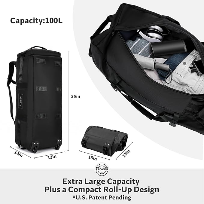STOVER 100L Rolling Duffel Bag with Wheels, X-Large 32 Inch Durable Travel Duffle + Toiletry Bag, Heavy Duty, Packable w/Shoulder Straps- Use as Luggage or Backpack, Men/Women (Black)