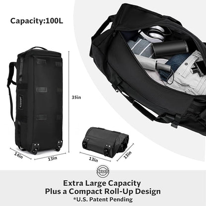 STOVER 100L Rolling Duffel Bag with Wheels, X-Large 32 Inch Durable Travel Duffle + Toiletry Bag, Heavy Duty, Packable w/Shoulder Straps- Use as Luggage or Backpack, Men/Women (Black)