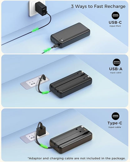 Portable Charger Power Bank 50000mAh Portable Phone Charger, PD 22.5W Fast Charging Powerbank Built in Cable, 5 Output 3 Input USB C LED Display for iPhone 16 15 14 13 Samsung Android iPad