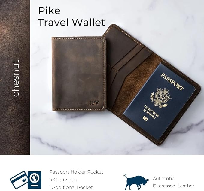 PEGAI Standard Full Grain Crazy Horse Leather Passport Holder | Custom Travel Passport Cover & Organizer | Handcrafted Leather Passport Wallet for Men and Women | Pike (Chestnut)