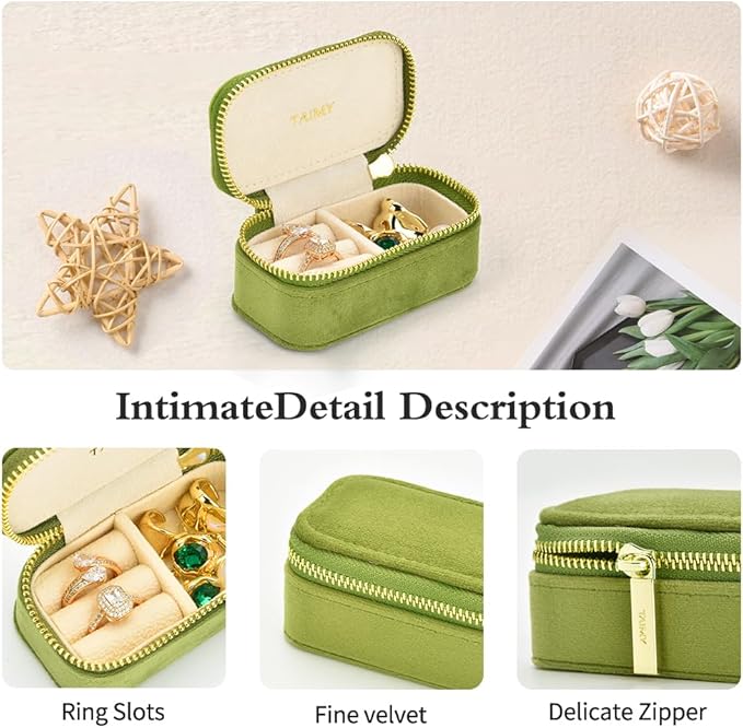 TAIMY Small Travel Jewelry Case, Mini Tiny Plush Velvet Jewelry Box for Women and Girls, Pocket Size Jewelry holder organizer for Rings Earrings and Small Items(Lime Green)