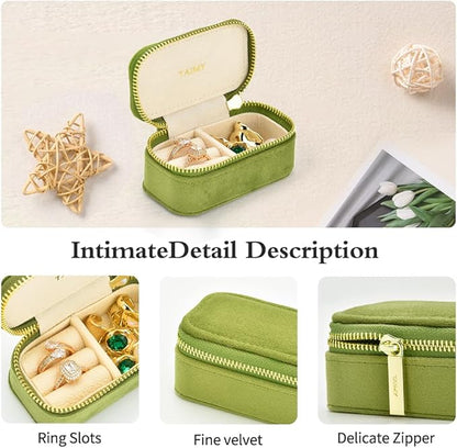 TAIMY Small Travel Jewelry Case, Mini Tiny Plush Velvet Jewelry Box for Women and Girls, Pocket Size Jewelry holder organizer for Rings Earrings and Small Items(Lime Green)