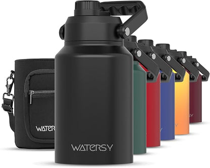 WATERSY Half Gallon Water Bottle Insulated(Cold for 48 Hrs),BPA Free&Leak Proof,64oz Stainless Steel Water Jug/Flask,Big thermo,Large Water Bottle with Handle for Gym,Hiking,Camping,Black