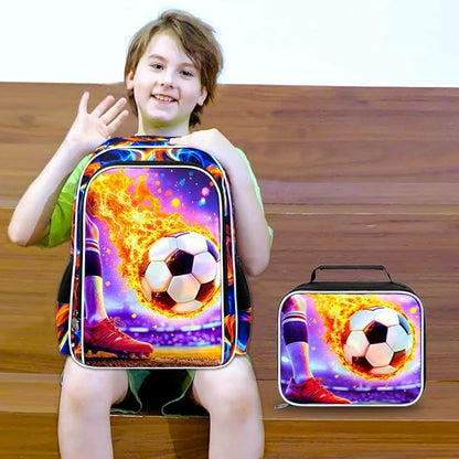 WZLVO 3PCS Soccer Bookbag for Boys, 17" Cool UV Printing Kids Backpack/School Bag with Lunch Box & Pencil Bag for Elementary to Middle - Flaming Soccer Kick