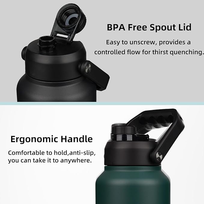 BJPKPK 87oz Insulated Water Bottle, Dishwasher Safe 2/3 Gallon Water Bottle with Ergonomic Handle, BPA Free Leak Proof Water Jug,Stainless Steel Metal Flasks with Anti-slip Bottom, Black