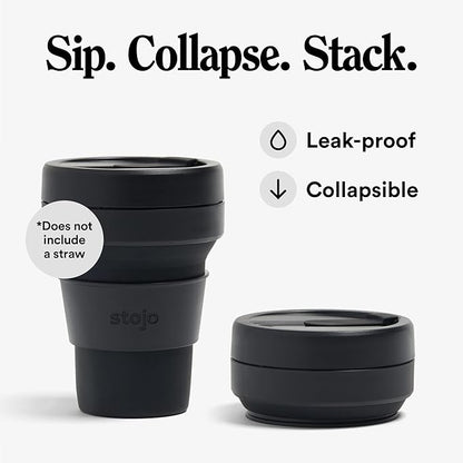 STOJO Collapsible Travel Cup - Reusable To-Go Pocket Size Silicone Bottle for Hot and Cold Drinks - Perfect for Camping - Microwave & Dishwasher Safe (Carbon, 12 Ounce (Pack of 1) - No Straw)