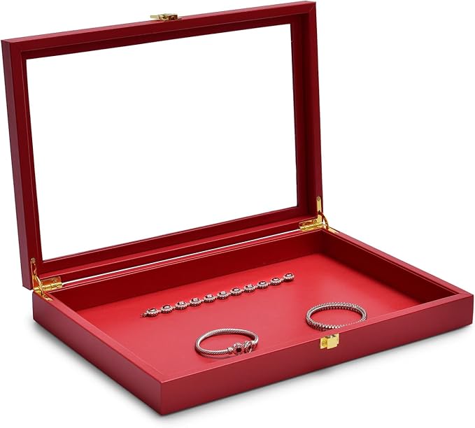 Oirlv Premium Red Leather Jewelry Tray with Acrylic Lid Jewelry Organizer Case Showcase Jewelry Display Organizer Box