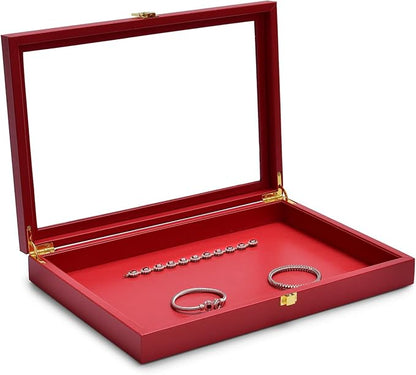 Oirlv Premium Red Leather Jewelry Tray with Acrylic Lid Jewelry Organizer Case Showcase Jewelry Display Organizer Box