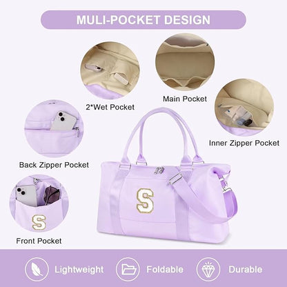 Dance Gym Duffel Bag for Teen Girls, Personalized Initial Travel Weekender Bag,Cute Overnight Carry On Duffle for Women,Sports Travel Cheer Bag,Monogram Christmas Gifts for Tween Preppy(purple-S)