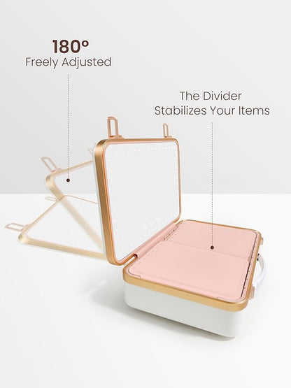 ROWNYEON Portable Travel Makeup Case With Light Up Mirror & Removable Divider - Train Case Organizer for Girls & Makeup Artist, Hairstylist - 10x Mirror (White)