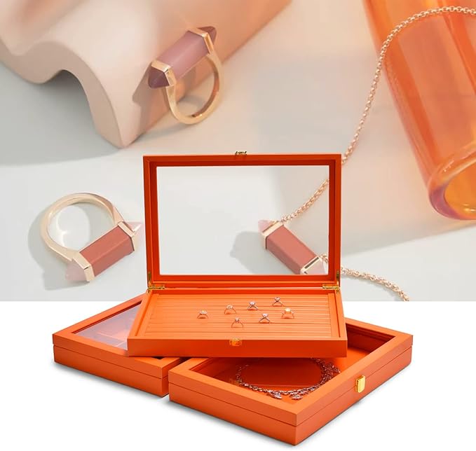 Oirlv 24 Grid Premium Leather Jewelry Organizer Tray with Transparent Lid Jewelry Display Case Drawer Insert Rings Earrings Holder