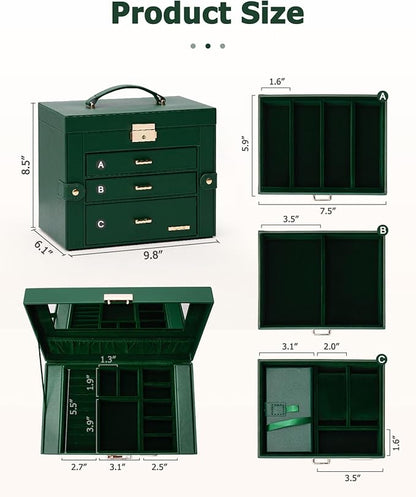 Homde 2 IN 1 Jewelry Box for Women Girls with Small Travel Case Mirror Necklace Ring Earrings Organizer - Christmas Gifts (Forest Green + Gold)