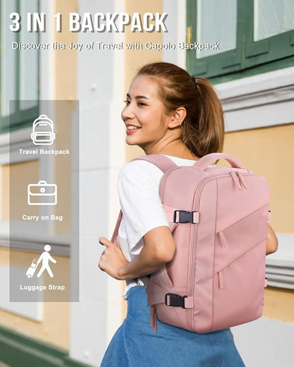 Capolo Travel Backpack for Women Men Waterproof Laptop Backpack Flight Approved Carry On Backpack Overnight Weekender Bag College Bookbag for Business, Work, Traveling Fits 15.6 '' Laptop,Pink