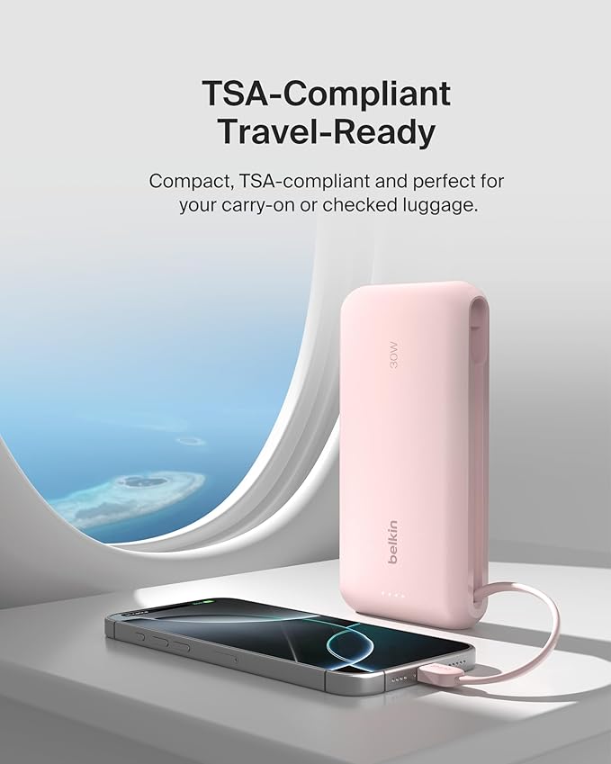 Belkin Portable Charger, Power Bank with Integrated Cable 20000 mAh 30W - Fast Charging USB C Power Delivery - iPhone 17, Air, Pro, Pro Max, iPad, AirPods, Apple Watch, Galaxy S25, & More - Pink