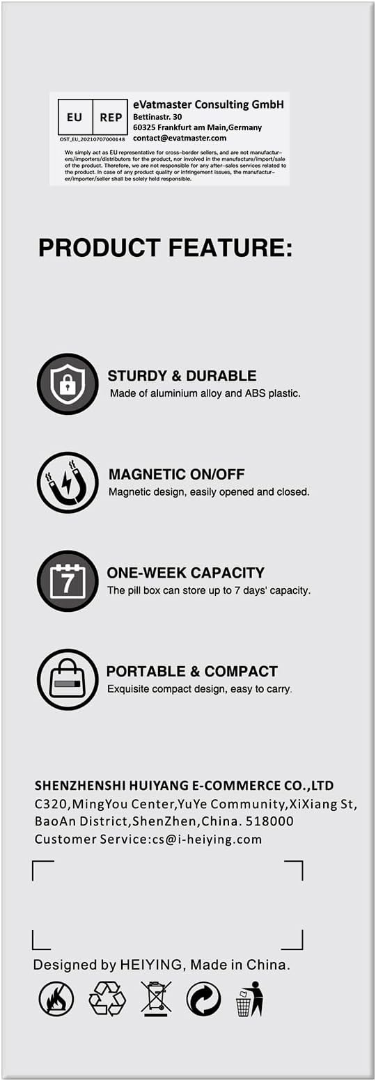 HEIYING Pill Organizer with Aluminum Shell for One Week Capacity, Portable 7 Compartments Pill Box Container to Hold Vitamin, Medicine, Supplements