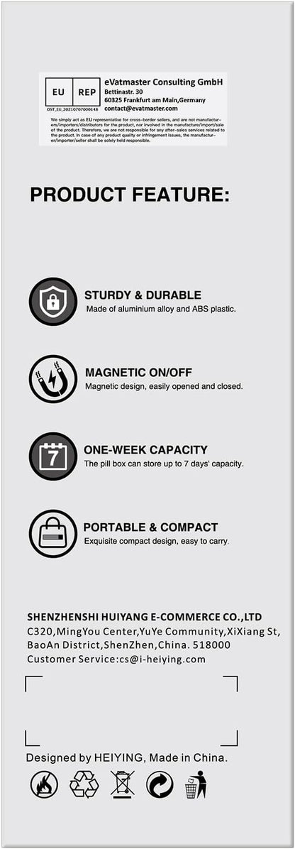 HEIYING Pill Organizer with Aluminum Shell for One Week Capacity, Portable 7 Compartments Pill Box Container to Hold Vitamin, Medicine, Supplements