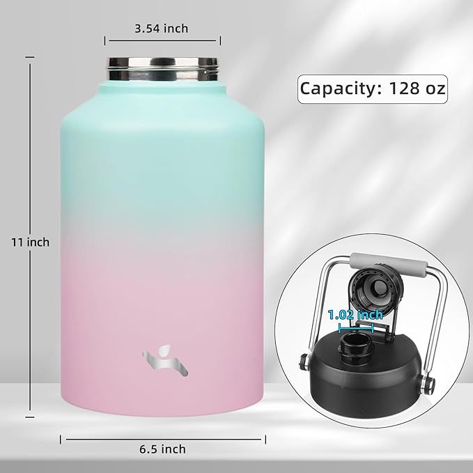 1 Gallon Jug with Handle,128 oz Insulated Water Bottle with Carrying Pouch,Double Wall Vacuum Stainless Steel Metal Bottle,Gum