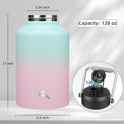 1 Gallon Jug with Handle,128 oz Insulated Water Bottle with Carrying Pouch,Double Wall Vacuum Stainless Steel Metal Bottle,Gum