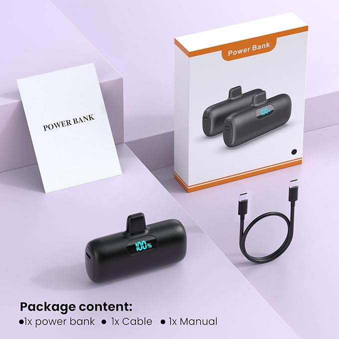 Mini Portable Charger for iPhone,Upgraded 5000mAh PD Fast Charging Battery Pack,LCD Display Cute Power Bank Portable Phone Charger for iPhone 14/14 Pro Max/13/13 Pro/12 Pro/11/XS/XR/X/8/7/6-Black