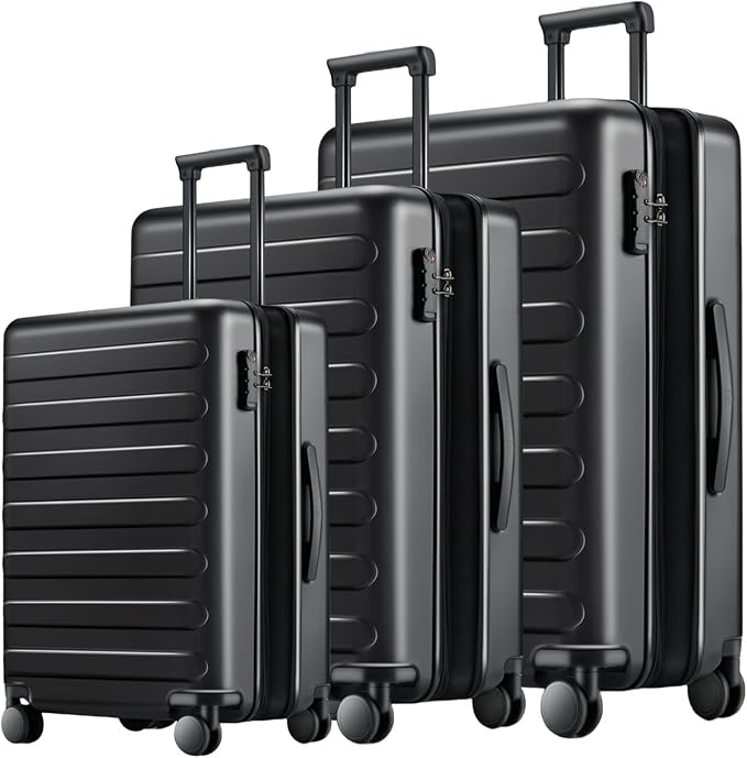 NINETYGO Luggage Sets 3 Piece, Carry On Luggage Airline Approved, Medium Large Checked Luggage with Spinner Wheels, Expandable, Hard Shell PC Suitcase Sets, TSA, 20in/24in/28in (Black, Rhine Max)