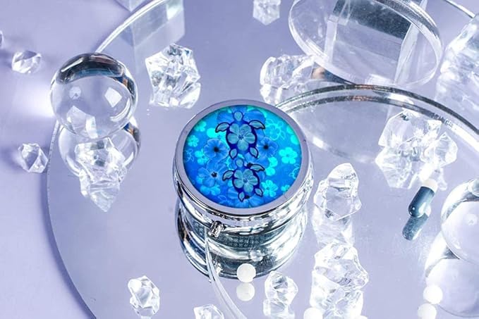 Pill Box,Blue Hibiscus Flower Turtles Round Pill Box 3 Compartment Decorative Pocket Purse Portable Mini Travel Medicine Tablet Vitamin Holder Organizer Pill Case