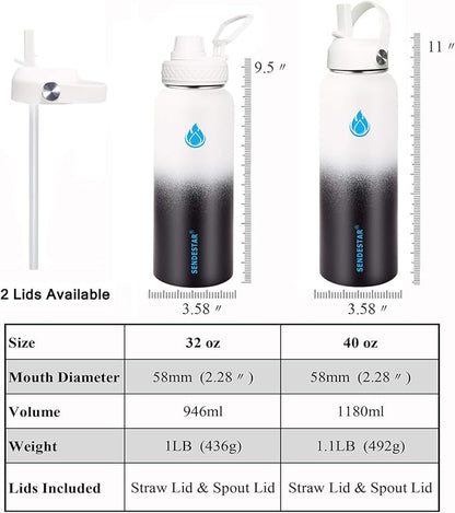 SENDESTAR Water Bottle 32oz Double Wall Vacuum Insulated Leak Proof Stainless Steel Sports Water Bottle—Wide Mouth with New Flex Straw Lid & Spout Lid (Day&Night)
