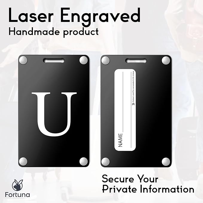Premium 3-Layer Aluminum Luggage Tags by Fortuna - Easy to Claim, Laser-Engraved, Plastic-Free, and Eco-Friendly Luggage Tag Holders, 2-Pack, Black (U)