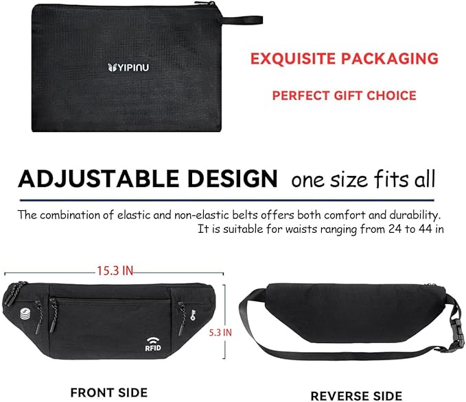 Travel Money Belt for Men and Women hidden slim passport holder - travel wallet with RFID blocking under clothes to protect Cash, Credit Cards and Documents (BLACK)