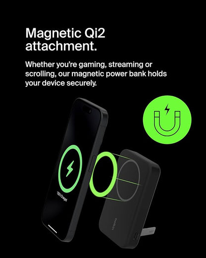 Belkin Portable Charger, Wireless Power Bank 15W 8000 mAh w/ Qi2 - MagSafe Charger w/Built-in Pop-up Kickstand - iPhone 17, Air, Pro, Pro Max, AirPods, Apple Watch, Google Pixel 10, etc. - Black