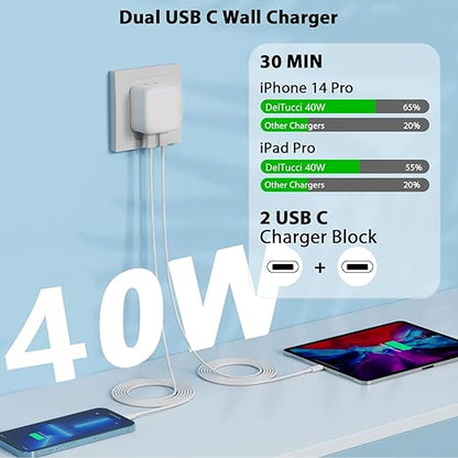 iPhone Charger Fast Charging, 40W Dual USB C Wall Charger Apple MFi Certified Dual USB-C Port Power Adapter with 2Pack 6FT USB-C to Lightning Cable for iPhone 14 Plus/13/12/11/XS/XR/X/iPad Wall Block