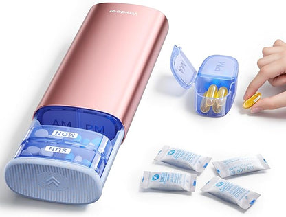 Vaydeer Large Weekly Pill Organizer 2 Times a Day,Metal 8 Day Travel Pill Box with Double Protection,AM PM Pill Case for for Medication, Vitamins, Fish Oils, Supplements(Rose Gold)