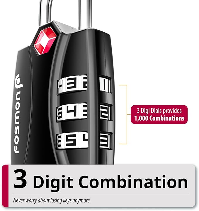 Fosmon TSA Approved Locks for Luggage. Suitcase Locks with Open Alert Indicator, 3 Digit Combination Padlock with Alloy Body for Travel, Backpack Zipper Anti Theft, Locker, Gym, Gun Case, Tent- 3 Pack