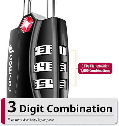 Fosmon TSA Approved Locks for Luggage. Suitcase Locks with Open Alert Indicator, 3 Digit Combination Padlock with Alloy Body for Travel, Backpack Zipper Anti Theft, Locker, Gym, Gun Case, Tent- 3 Pack