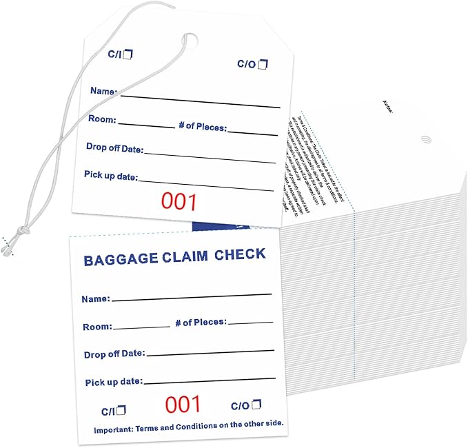 1000 Baggage Claim Check Tags with Transfer Tape on Back, 4 3/4 x 2 3/8 Hotel Luggage ID Tags Numbering from 001 to 1000, Baggage Identification for Hotel Suitcase Motel Bag