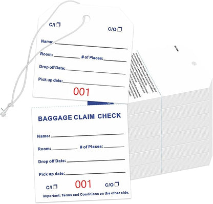 1000 Baggage Claim Check Tags with Transfer Tape on Back, 4 3/4 x 2 3/8 Hotel Luggage ID Tags Numbering from 001 to 1000, Baggage Identification for Hotel Suitcase Motel Bag