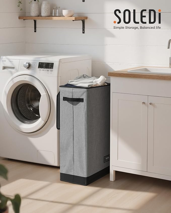 SOLEDI Slim Laundry Hamper with Lid, Narrow Laundry Basket with Removable Bags, Dirty Clothes Hamper with handle, Small Hamper perfect for Laundry room, Bathroom, Bedroom, Small spaces. 70L Grey